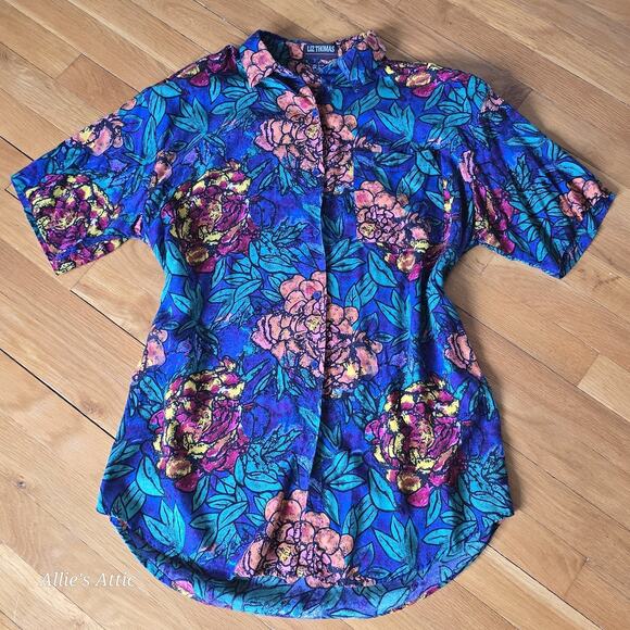 Colorful Vtg Floral Beach Hawaiian Short Sleeve Button Shirt Blue Purple Green L - Picture 3 of 9